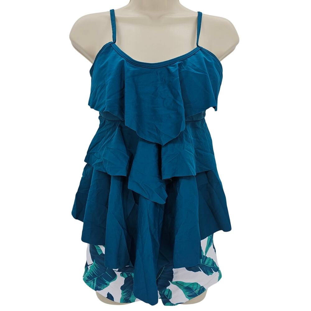 Yonique Womans size M 2 Piece Ruffle Tankini Boyshorts Swimsuit Teal/Leaf NWOT